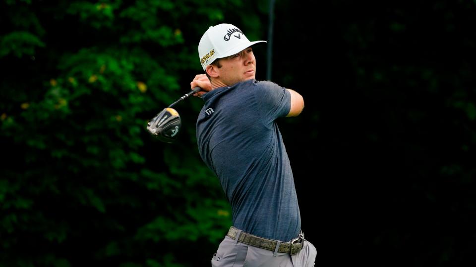 Sam Burns watches his shot on the 13th hole during the second round of the Travelers Championship golf tournament at TPC River Highlands, Friday, June 24, 2022, in Cromwell, Conn. (AP Photo/Seth Wenig)