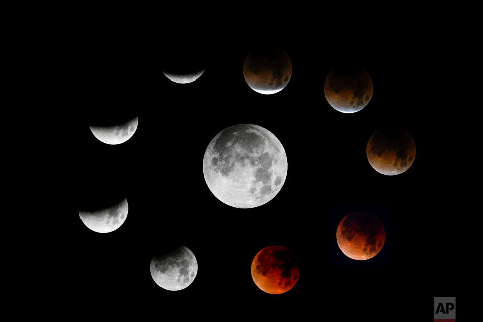 <p>This photo combination shows the different stages of the “Super Blue Blood Moon” during a lunar eclipse is seen from the Santa Monica, California. (AP Photo/Ringo H.W. Chiu) </p>