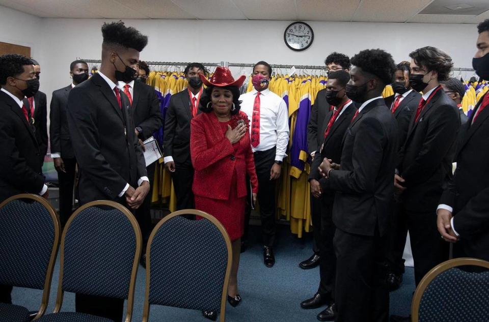 Congresswoman Frederica Smith Wilson among students during the 5000 Role Model of Excellence Foundation 2021 Wilson Scholars academic signing ceremony at Jesus People Ministries Church International in Miami Gardens on Sunday, June 27, 2021.