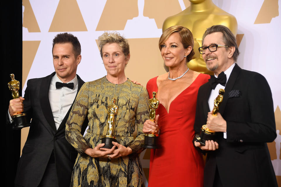 Frances McDormand, second from left, poses with her prized Oscar, which later would get lost. (Photo: Frazer Harrison via Getty Images)