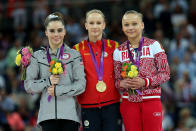 Silver medallist McKayla Maroney (L) of the United States, gold medallist Sandra Raluca Izbasa of Romania and bronze medallist Maria Paseka of Russia pose with their medals during the medal ceremony following the Artistic Gymnastics Women's Vault final on Day 9 of the London 2012 Olympic Games at North Greenwich Arena on August 5, 2012 in London, England. (Photo by Ronald Martinez/Getty Images)