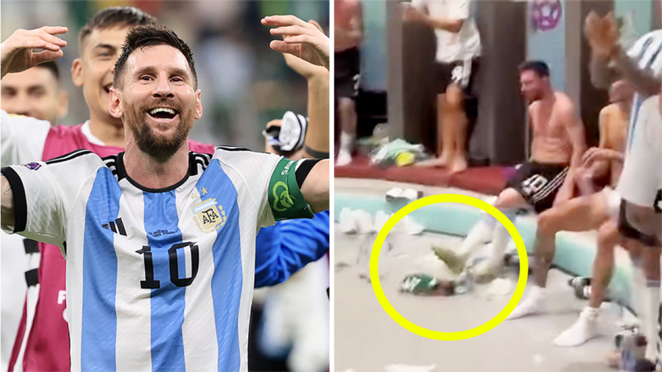 Lionel Messi (pictured left) celebrating and (pictured right) Messi 'kicking' a Mexican jersey.