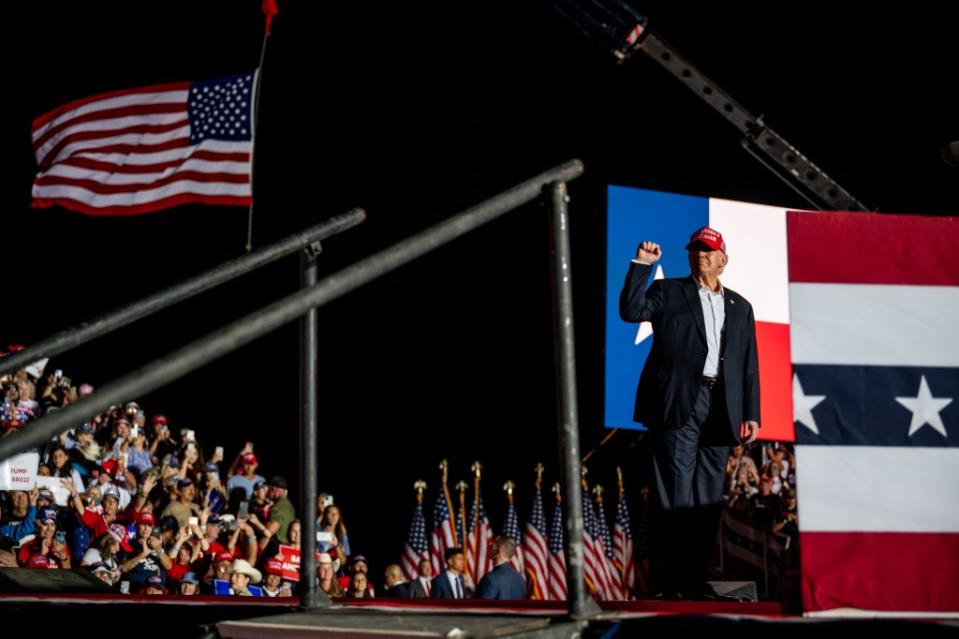 Former President Donald Trump gestures while speaking at the ‘Save America’ rally on October 22, 2022 in Robstown, Texas. (Photo by Brandon Bell/Getty Images)