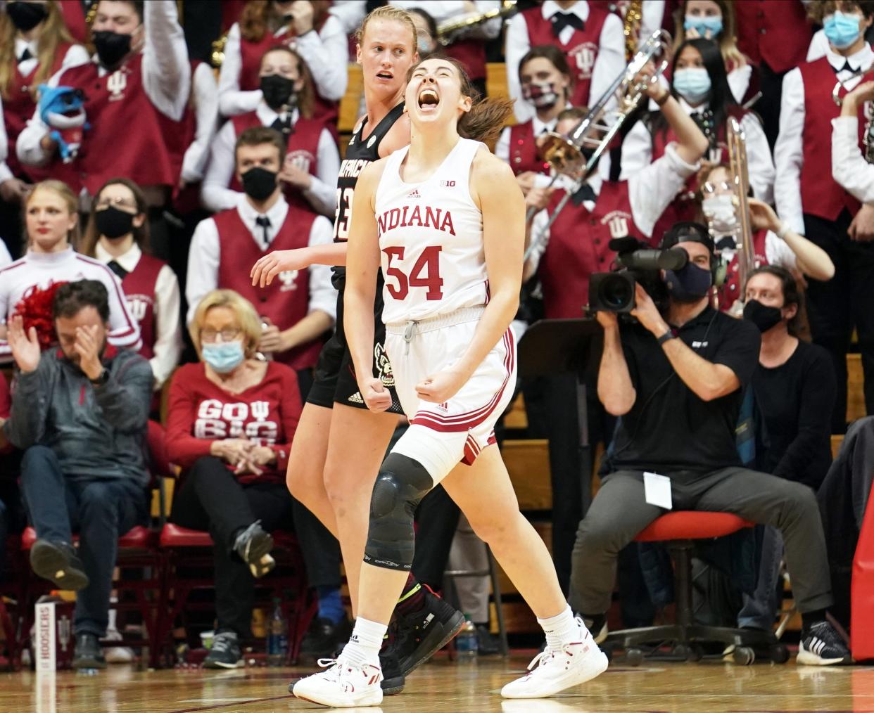 Indiana Hoosiers forward Mackenzie Holmes (54) celebrates after a defensive stop during the game against NC State at Simon Skjodt Assembly Hall Thursday evening. (Bobby Goddin/Herald-Times)