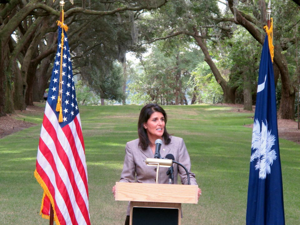 South Carolina Gov. Nikki Haley speaks about South Carolina's $15 billion tourism industry during a news conference on Wednesday, October 17, 2012, at Charles Towne Landing State Historic Site in Charleston, S.C. (AP Photo/Bruce Smith)