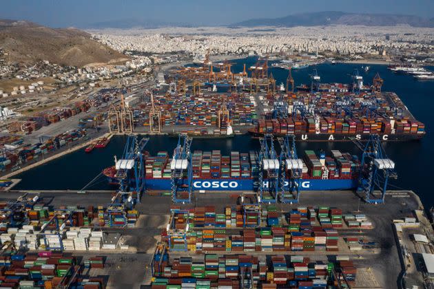 BEIJING, Nov. 13, 2019  -- Aerial photo taken on Sept. 6, 2019 shows a cargo ship of COSCO SHIPPING Lines transporting Italian products to participate in the 2019 China International Import Expo berths at the Port of Piraeus in Greece. (Photo by Lefteris Partsalis/Xinhua via Getty) (Xinhua/Lefteris Partsalis via Getty Images) (Photo: Xinhua News Agency via Getty Images)