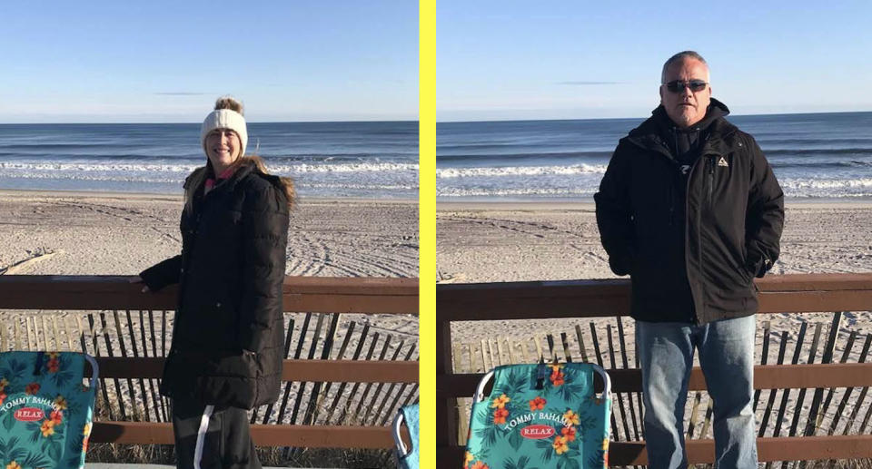 Patti and George Babcock attending an A.A. social distancing meeting at the beach