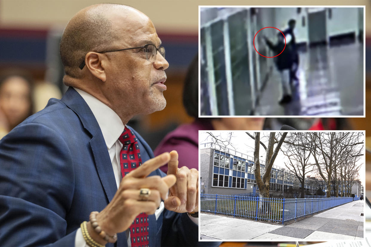 Schools Chancellor David Banks testifying at left; top right inset of student giving nazi salute, caught on surveillance camera; bottom right outside of Origins High School complex in Brooklyn