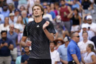 Alexander Zverev, of Germany, celebrates after winning his match against Jannik Sinner, of Italy, in the fourth round of the US Open tennis championships, Monday, Sept. 6, 2021, in New York. (AP Photo/Seth Wenig)