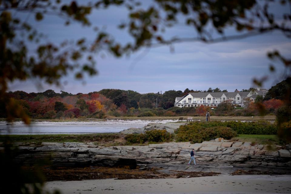 A view of a cove with fall leaves and water-front homes in the distance.