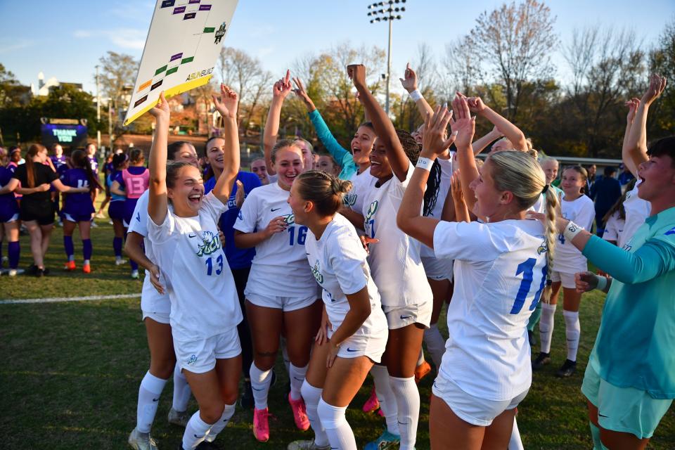 FGCU women's soccer players celebrate winning the 2023 Atlantic Sun Conference Tournament on Sunday, Nov. 5.