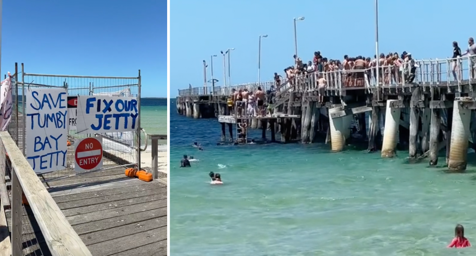Left, signs on the restrictive barriers at the start of the jetty. Right, dozens of locals line up on the jetty to wait their turn to jump off. 