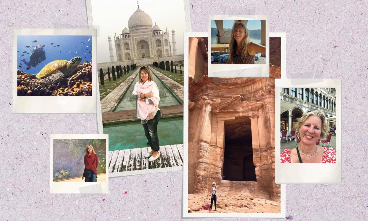 <span><em>(Clockwise from top left)</em> Deborah Ives diving in Thailand and at the Taj Mahal, Agra, northern India; Kay Johnson on Heissa Island, Aswan, Egypt; Joanna Moorhead in Venice; Kay Johnson in Petra, Jordan; Alison Henri and Monet’s Waterlilies at l’Orangerie, Paris.</span><span>Composite: Courtesy of the providers</span>