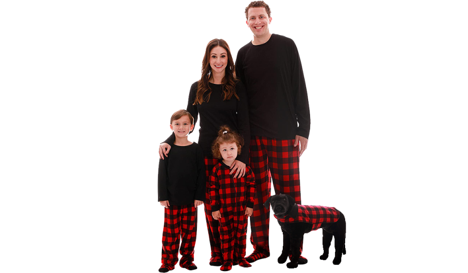 Family and dog in black a red plaid PJs (Photo: Amazon)