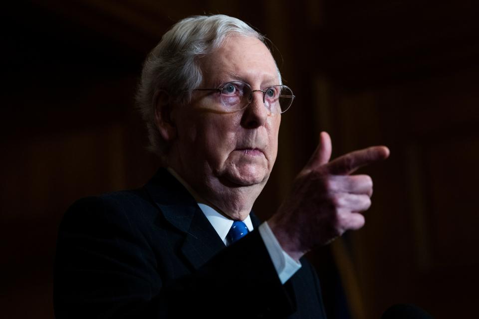 Senate Majority Leader Mitch McConnell (R-Ky), hold a news conference after the Senate Republican Policy luncheon on Capitol Hill in Washington, DC on December 1, 2020. (Photo by Tom Williams / POOL / AFP) (Photo by TOM WILLIAMS/POOL/AFP via Getty Images)