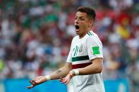 <p>Javier Hernandez gestures doing the game between Mexico and South Korea. </p>