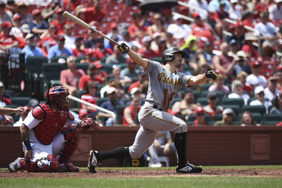 Pittsburgh Pirates' Bryan Reynolds hits an RBI-single during the fourth inning of a baseball game against the St. Louis Cardinals, Sunday, June 27, 2021, in St. Louis. (AP Photo/Joe Puetz)