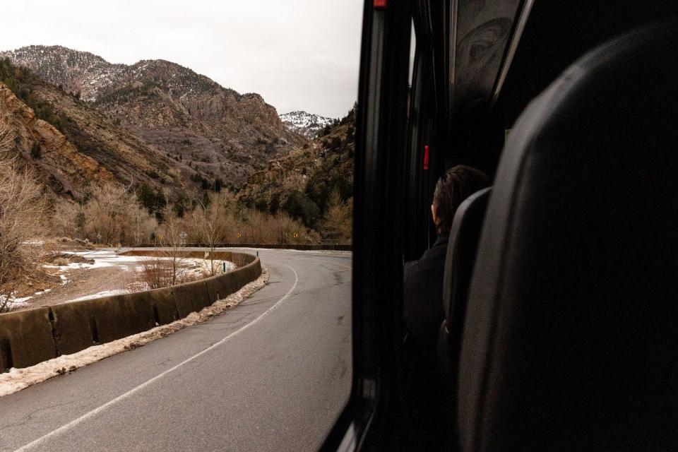 The view out of one of the Cottonwood Connect ski shuttles as it drives up Big Cottonwood Canyon on Tuesday. The service will return for a second season beginning on Friday.
