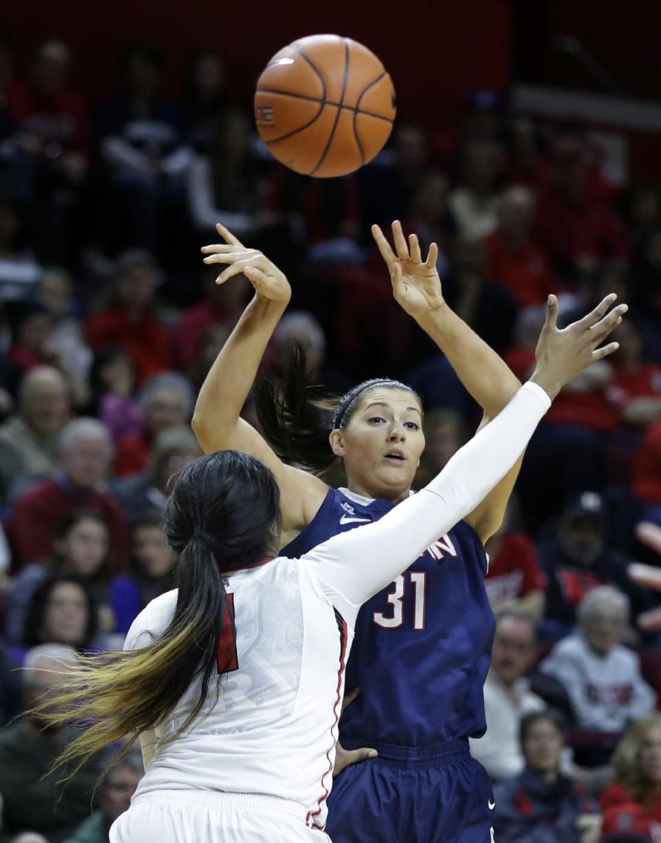 Connecticut center Stefanie Dolson (31) throws a pass over Rutgers center Rachel Hollivay (1) during the first half of an NCAA college basketball game Sunday, Jan. 19, 2014, in Piscataway, N.J. (AP Photo/Mel Evans)