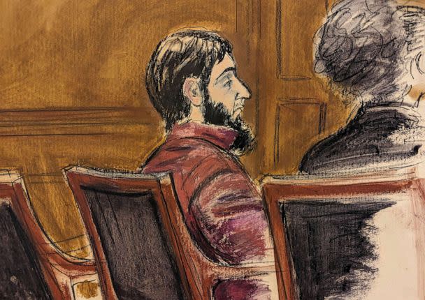 PHOTO: In this courtroom sketch, in federal court in New York, March 8, 2023, Sayfullo Saipov sits at the defense table waiting for the commencement of jury instructions in the penalty phase of his trial. (Elizabeth Williams/AP, FILE)