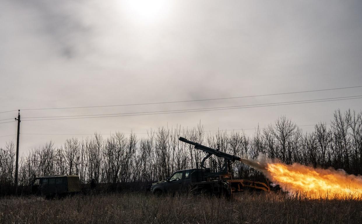 The Ukrainians' improvised missile system here has been attached to a pickup truck