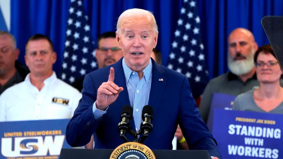 PHOTO: President Joe Biden speaks at the United Steelworkers headquarters in Pittsburgh, April 17, 2024. (Gene J. Puskar/AP)