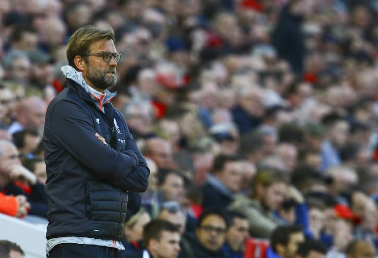 Liverpool's manager Jurgen Klopp watches from the touchline during their English Premier League match against Crystal Palace, at Anfield in Liverpool, on April 23, 2017