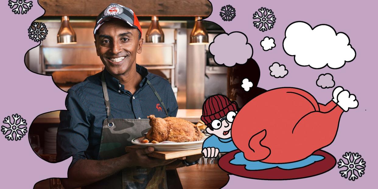 Photo Illustration of Chef Marcus Samuelsson and an illustrated turkey.