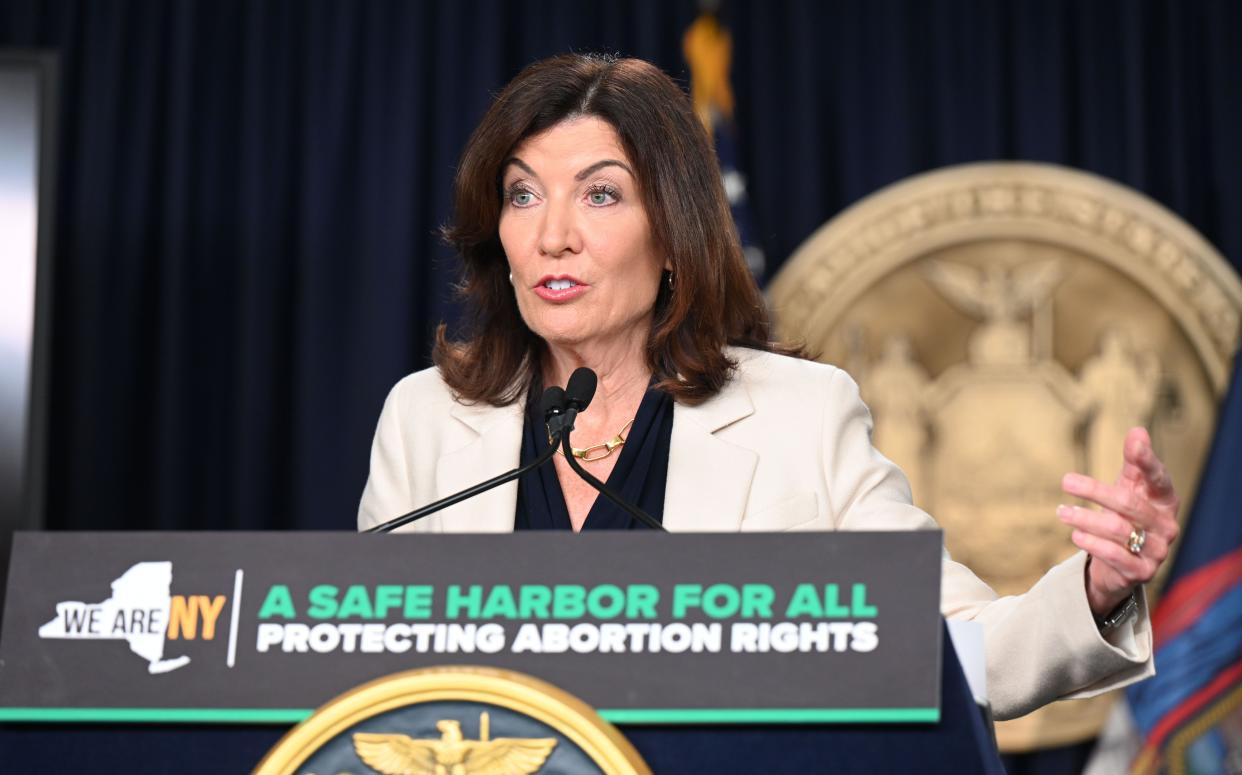 New York Governor Kathy Hochul holds a press conference in New York City on reproductive health on Tuesday, July 12, 2022. 