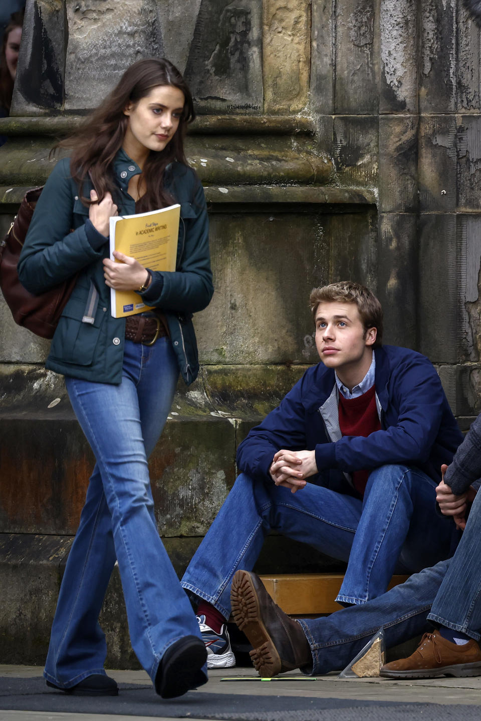 ST ANDREWS, SCOTLAND - MARCH 17: Actor Ed McVey, as Prince William and actress Meg Bellamy who plays Kate Middleton are seen during filming for the next season of The Crown on March 17, 2023 in St Andrews, Scotland. The sixth series of the drama, based on the real lives of the recent British monarchy, is set in St Andrews where the Prince and Princess of Wales met whilst studying at University. (Photo by Jeff J Mitchell/Getty Images)