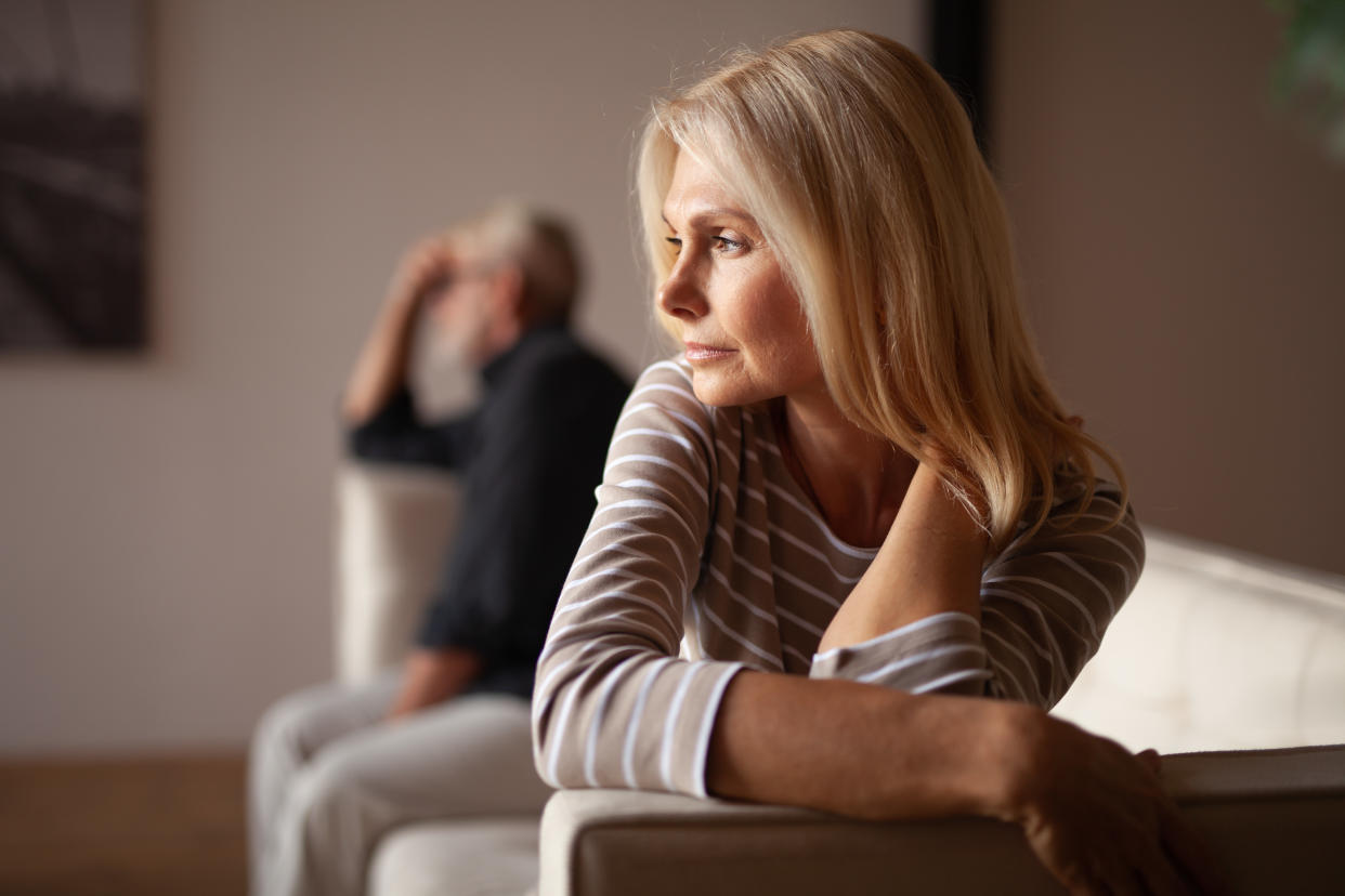 The older couple has a conflict with divorce on the cards. Upset mature woman, quarrel with her husband. Relationship crisis. (Getty Images)