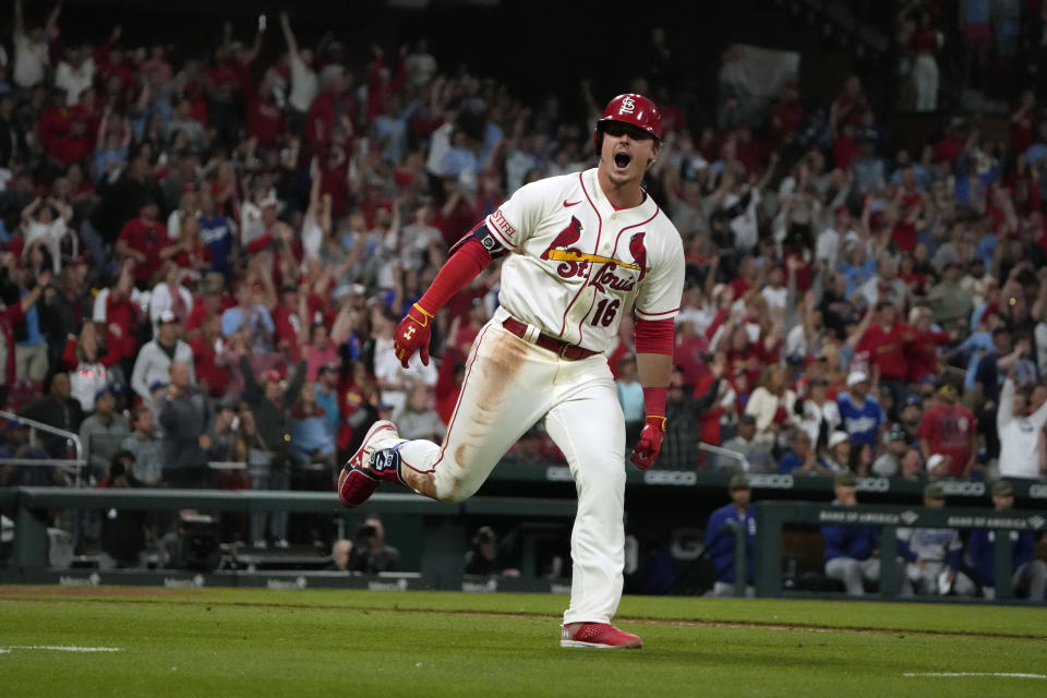 St. Louis Cardinals' Nolan Gorman celebrates after hitting a three-run home run during the eighth inning of a baseball game against the Los Angeles Dodgers Saturday, May 20, 2023, in St. Louis. (AP Photo/Jeff Roberson)