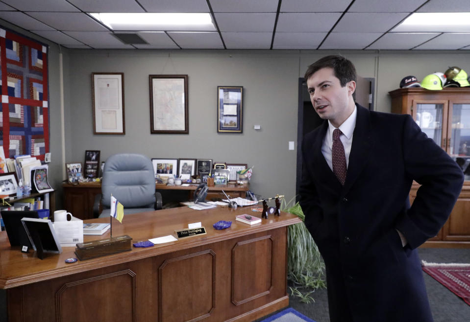 Mayor Pete Buttigieg talks with an AP reporter at his office in South Bend, Ind., Thursday, Jan. 10, 2019. Few people know Buttigieg's name outside the Indiana town where he's mayor, but none of that has deterred him from contemplating a 2020 Democratic presidential bid. He's among the potential candidates who believe 2016 and 2018 showed voters are looking for fresh faces. (AP Photo/Nam Y. Huh)