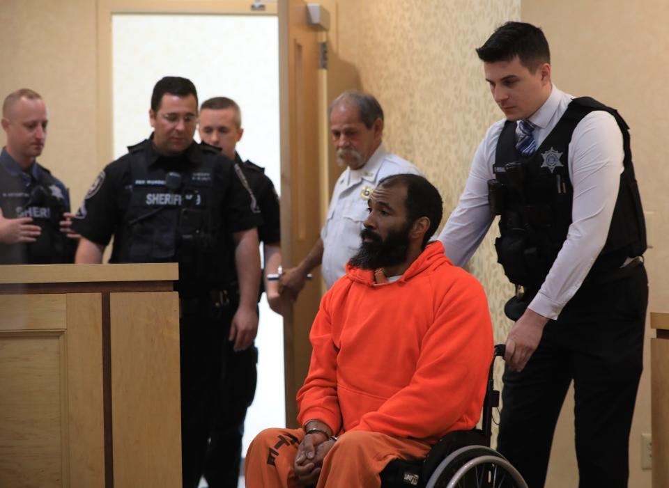 Edward Holley is wheeled into the Town of Wallkill Court in Middletown on April 26, 2023.