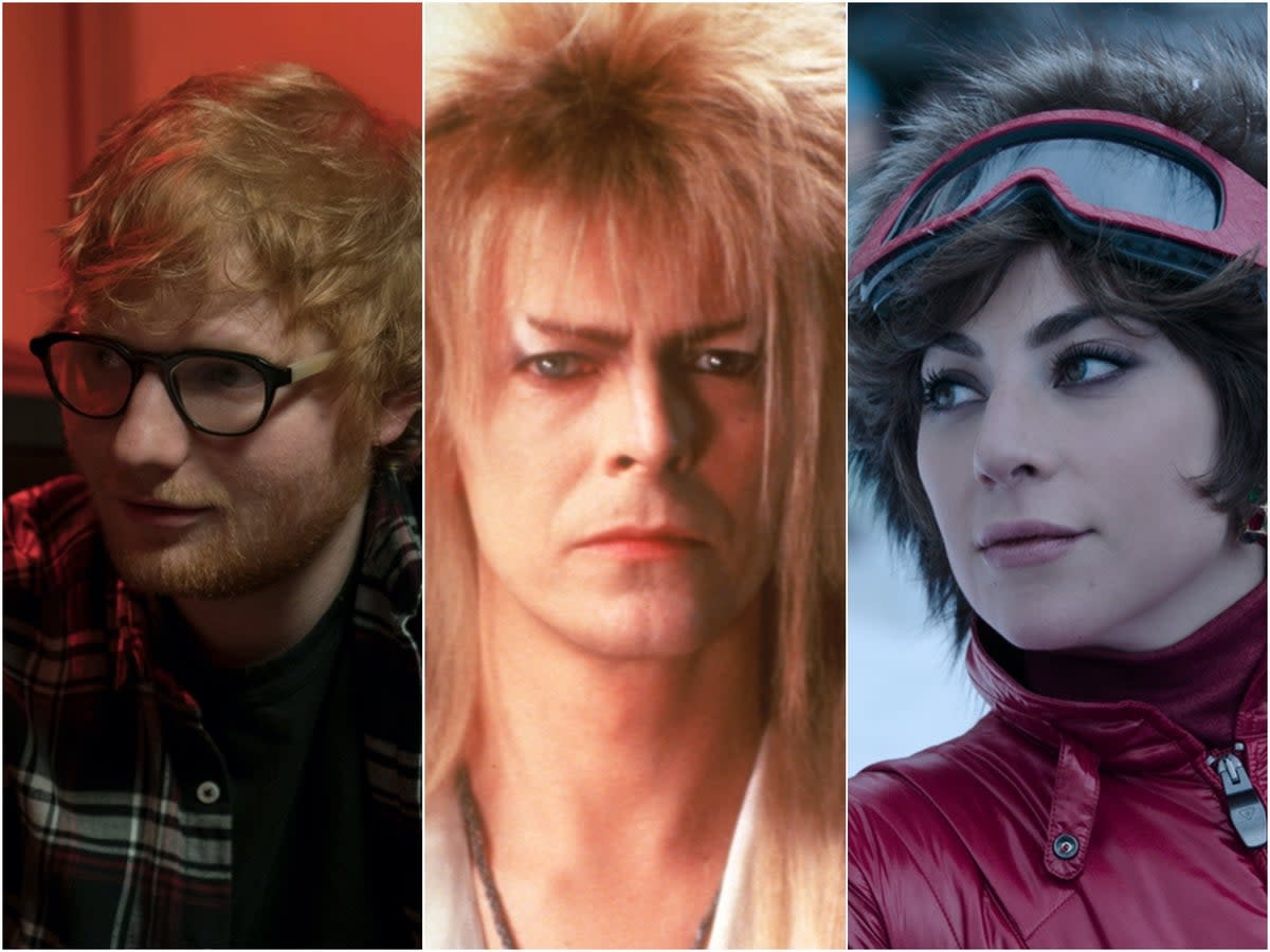 Donde el pop se une al cine: Ed Sheeran en Yesterday, David Bowie en Labyrinth y Lady Gaga en House of Gucci (Sky/Universal)