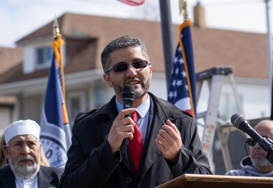 Hamtramck mayor Amer Ghalib speaks during a ceremony for the renaming of Holbrook Street in Hamtramck to Palestine Avenue on Thursday, March 7, 2024, at the corner of Holbrook Street and Gallagher Avenue. The city council voted in December to approve the change. It is the first time in Michigan history a street has been renamed in support of Palestinians.