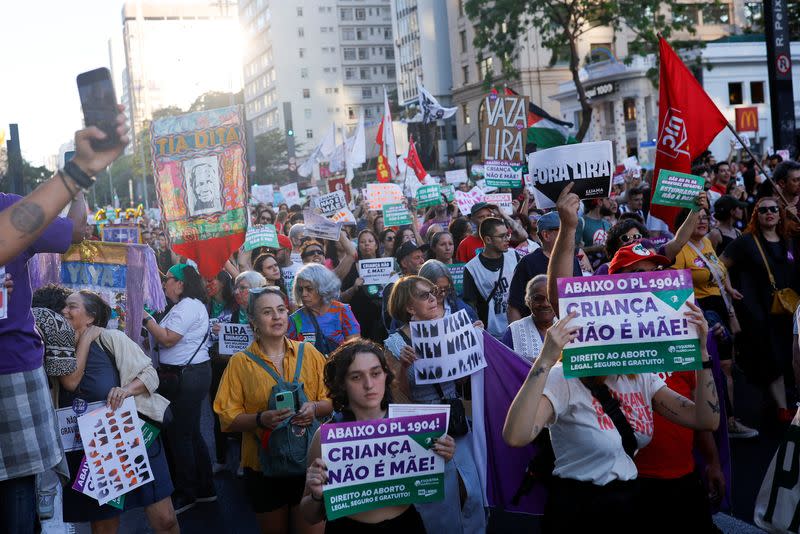 Protest against a bill that would equate abortion carried out after 22 weeks of pregnancy with the crime of murder, in Sao Paulo