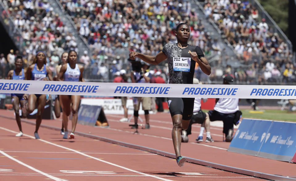 South Africa's Caster Semenya approaches the finish line to win the women's 800-meter race during the Prefontaine Classic, an IAAF Diamond League athletics meeting, in Stanford, Calif., Sunday, June 30, 2019. (AP Photo/Jeff Chiu)