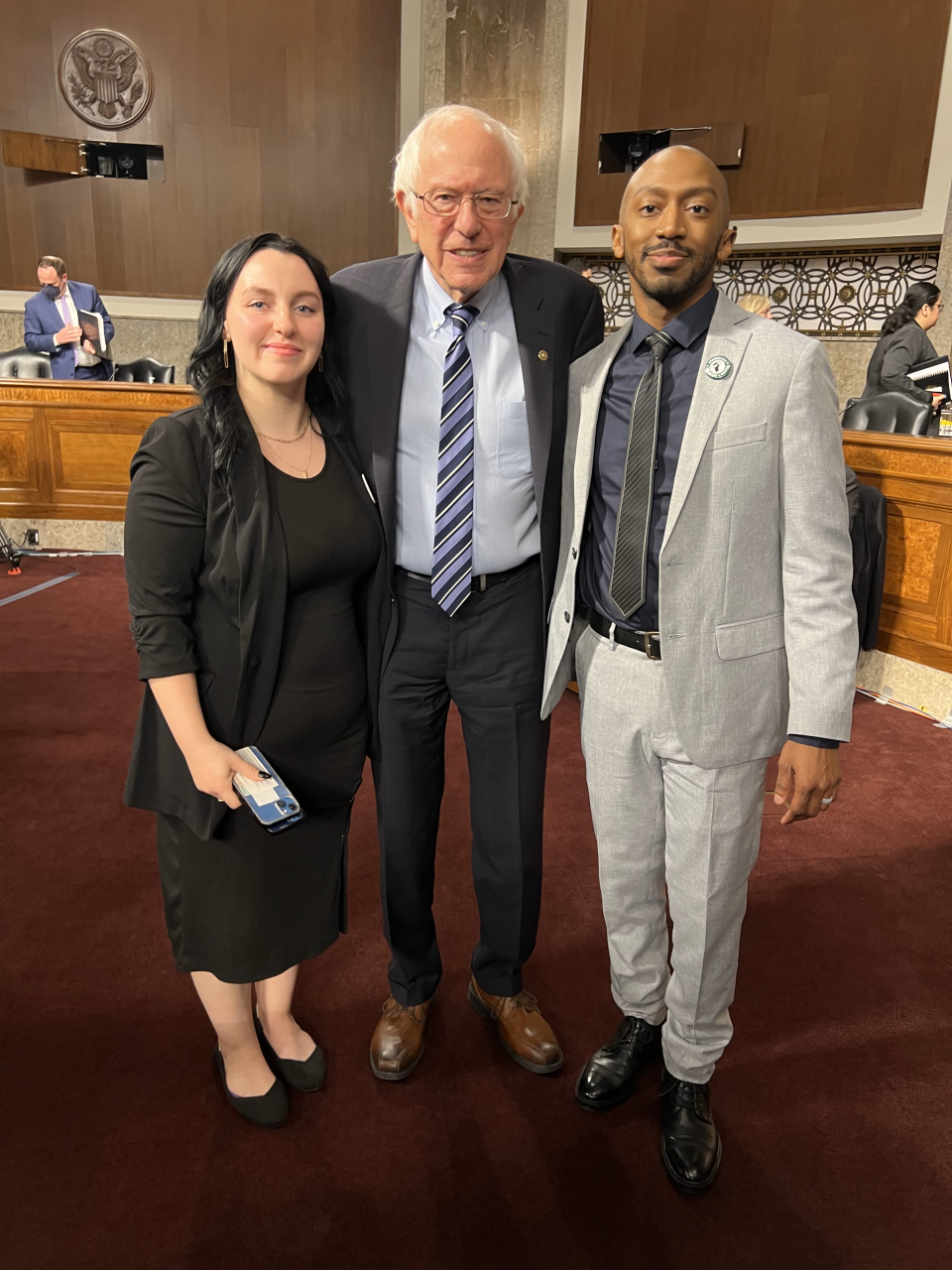 Jaysin Saxton, right, and his wife Dezirai, left, with Sen. Bernie Sanders in Washington, D.C.