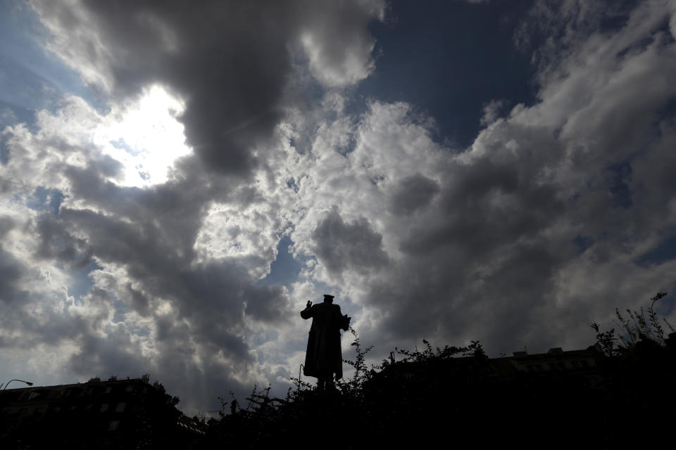 FILE - In this Tuesday, Aug. 21, 2018 file photo, the monument of Soviet World War II commander Ivan Stepanovic Konev is pictured in Prague, Czech Republic. A Prague district is set to remove a statue of a Soviet World War II commander Ivan Konev from its site, a move that will likely anger Russia. After it was targeted by vandals, Prague 6 approved Thursday, Sept. 12, 2019 a plan to remove it. (AP Photo/Petr David Josek/File)