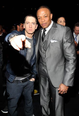 <p>Getty</p> Eminem and Dr. Dre in Los Angeles in February 2011