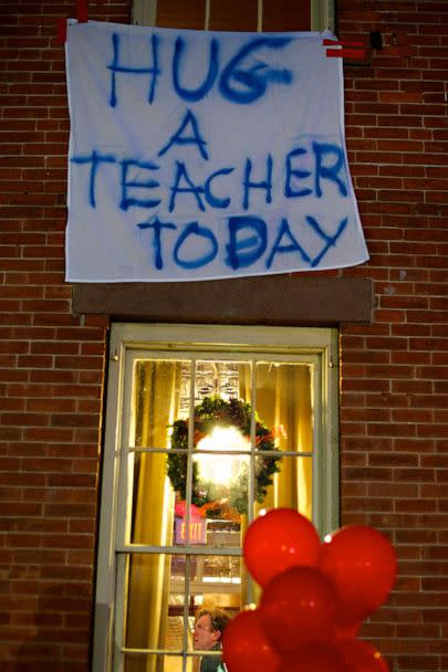 PHOTO: The day after the mass shooting at Sandy Hook Elementary School, in Sandy Hook, Conn., a sign hangs outside a building, on Dec. 14, 2012. (Mark Makela/Corbis via Getty Images, FILE)