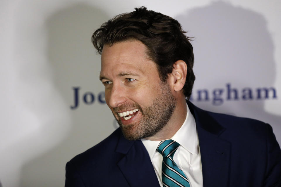 Democratic U.S. Rep. Joe Cunningham speaks to the media and supporters during his Election Night partyTuesday, Nov. 3, 2020, in Charleston, S.C. Cunningham is running for South Carolina's 1st Congressional District. (AP Photo/Mic Smith)