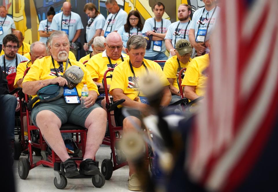 The veterans and their guardians gathered early Wednesday morning at the Cincinnati/Northern Kentucky International Airport. The Hamilton County Pipe & Drum Corps kicked off the day, followed by a speech from Cheryl Popp, the director of Honor Flight Tri-State.