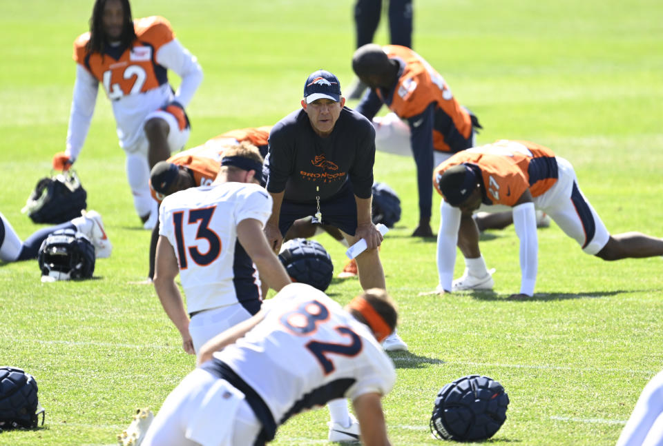 CENTENNIAL, COLORADO - AUGUST 8: Denver Broncos Head Coach Sean Payton looks at his players during the Denver Broncos training camp at Centura Health Training Center on August 8, 2023 in Centennial, Colorado. (Photo by RJ Sangosti/MediaNews Group/The Denver Post via Getty Images)