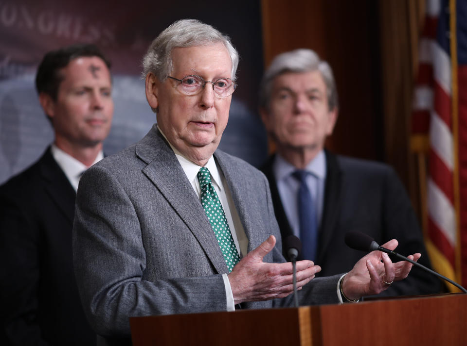 Senate Majority Leader Mitch McConnell speaks on a piece of legislation proposed by the Democratic controlled House of Representatives, H.R. 1,  that McConnell calls the "Democrat Politician Protection Act" during a press conference March 6, 2019 in Washington, DC.  (Photo: Win McNamee/Getty Images)