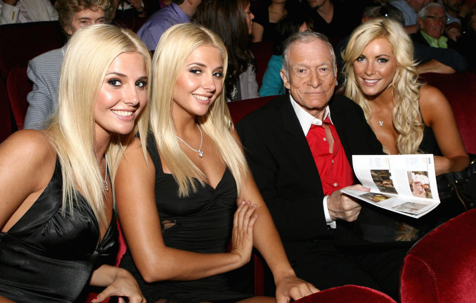 TORONTO, ON - SEPTEMBER 12:  Publisher Hugh Hefner with Karissa Shannon, Kristina Shannon and Crystal Harris attend the 