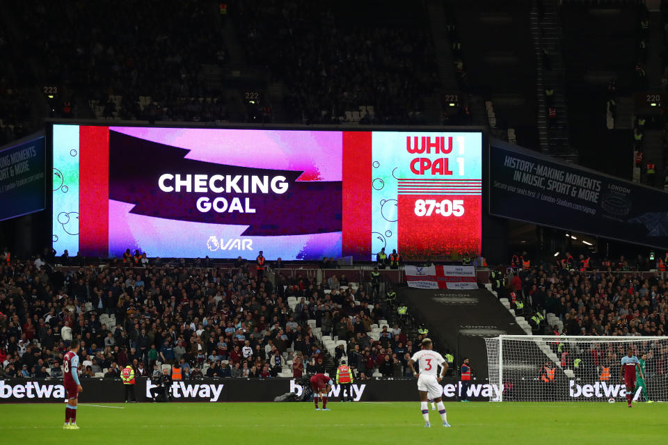 VAR review takes place after Jordan Ayew scores. (Photo by Julian Finney/Getty Images)