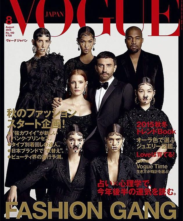 The 'fashion gang' features Kendall Jenner, Kanye West,  Jamie Bochert, Joan Smalls, Kozue Akimoto, Mica Arganaraz, Jessica Chastain and Riccardo Tisci. Photo: Vogue Japan.