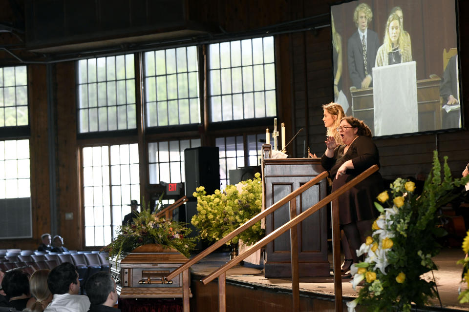 Lauren Westmoreland, girlfriend of Riley Howell, speaks during a memorial service for Howell in Lake Junaluska, N.C., Sunday, May 5, 2019. Family and hundreds of friends and neighbors are remembering Howell, a North Carolina college student credited with saving classmates' lives by rushing a gunman firing inside their lecture hall. (AP Photo/Kathy Kmonicek)